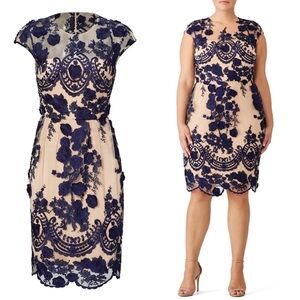 MARCHESA Navy Floral Embroidered Rosette Cap Sleeve Beige Tulle Sheath Dress 6